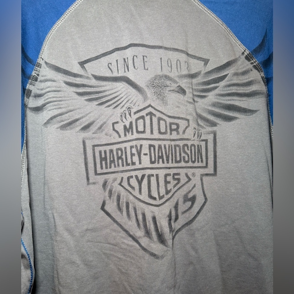 Harley Davidson 115 Anniversary Gray & Blue Henley Heavyweight Logo Back Large - Picture 7 of 9